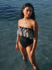 Black/Ecru Bandeau Embriodered Frill Tummy Shaping Control Swimsuit - Image 1 of 5