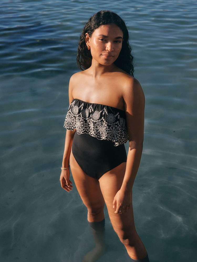 Black/Ecru Bandeau Embriodered Frill Tummy Shaping Control Swimsuit - Image 1 of 5