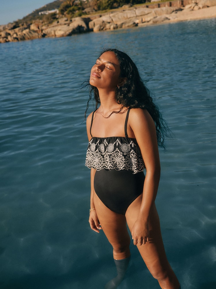 Black/Ecru Bandeau Embriodered Frill Tummy Shaping Control Swimsuit - Image 4 of 5