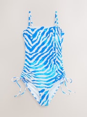 White/Blue Zebra Bandeau Ruched Leg Tummy Control Shaping Swimsuit - Image 7 of 10