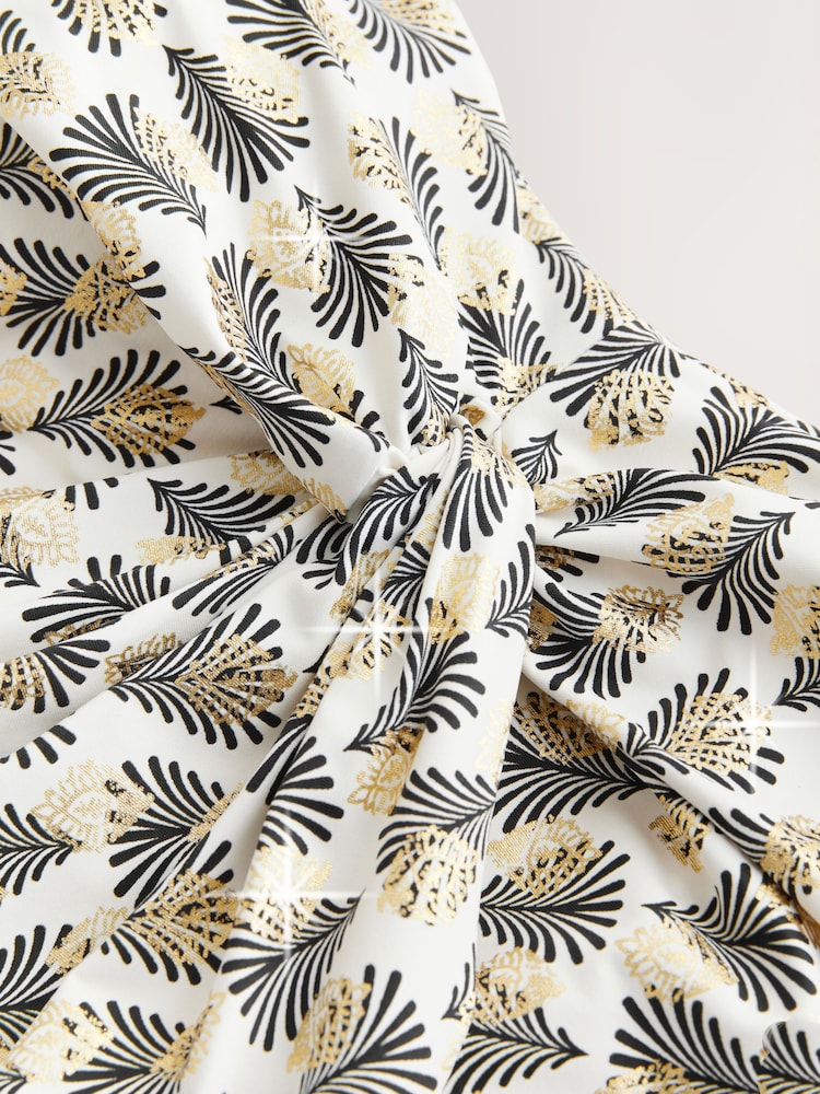 Cream/Black Foil Fan Print Twist Bandeau Tummy Control Swimsuit - Image 10 of 10