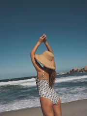 Cream/Black Foil Fan Print Twist Bandeau Tummy Control Swimsuit - Image 3 of 10