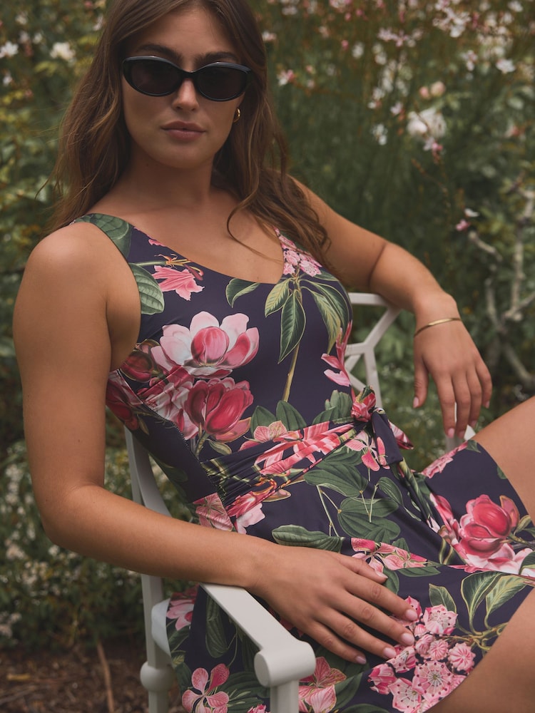 Kew Collection Navy Floral Shaping Tummy Control Skirted Swim Dress - Image 4 of 7