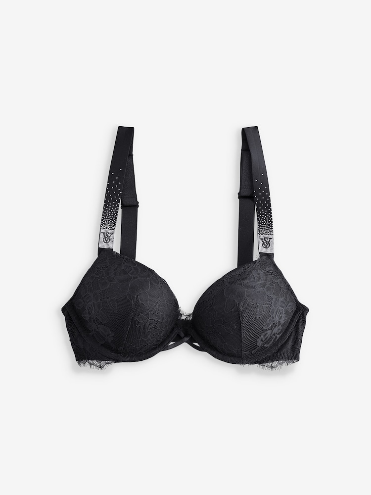 Victoria's Secret Black Add 2 Cups Push Up Lace Bombshell Scattered Shine Strap Bra - Image 1 of 3