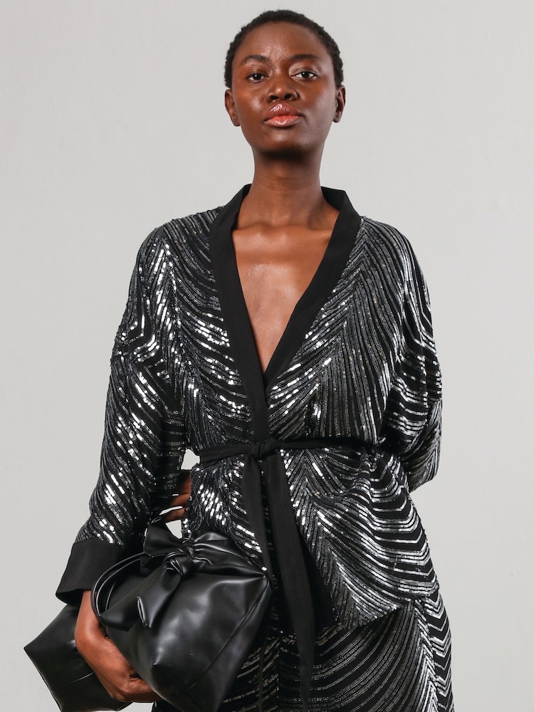Religion Metallic Division Sequin Kaftan Jacket With Tie Belt - Image 2 of 6