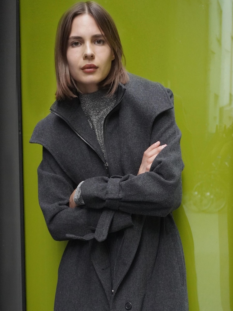 Religion Grey Limit Wool Mix Belted Coat With Zip up Funnel Collar and Draped Second Layer - Image 1 of 7