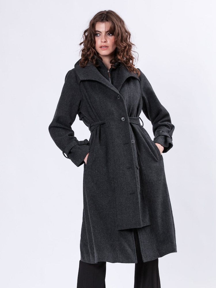 Religion Limit Wool Mix Belted Coat With Zip up Funnel Collar and Draped Second Layer - Bild 2 von 7 Religion Limit Wool Mix Belted Coat With Zip up Funnel Collar and Draped Second Layer - Bild 2 von 7