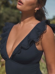 Navy Plunge Frill Laser Cut Tummy Control Swimsuit - Image 4 of 8