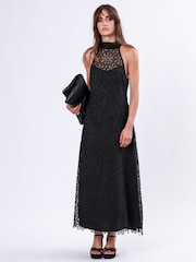Religion Black Anna High Halter Neck Lace Maxi Dress with Tie Sash - Image 1 of 6