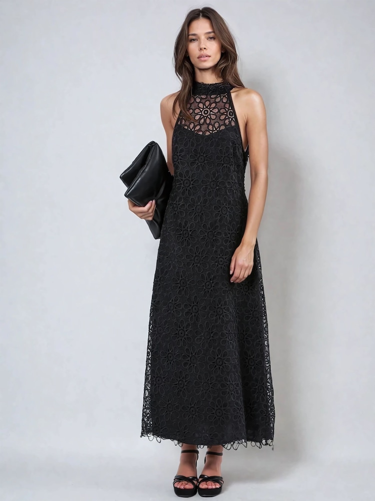 Religion Black Anna High Halter Neck Lace Maxi Dress with Tie Sash - Image 1 of 6