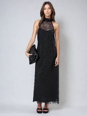 Religion Black Anna High Halter Neck Lace Maxi Dress with Tie Sash - Image 4 of 6