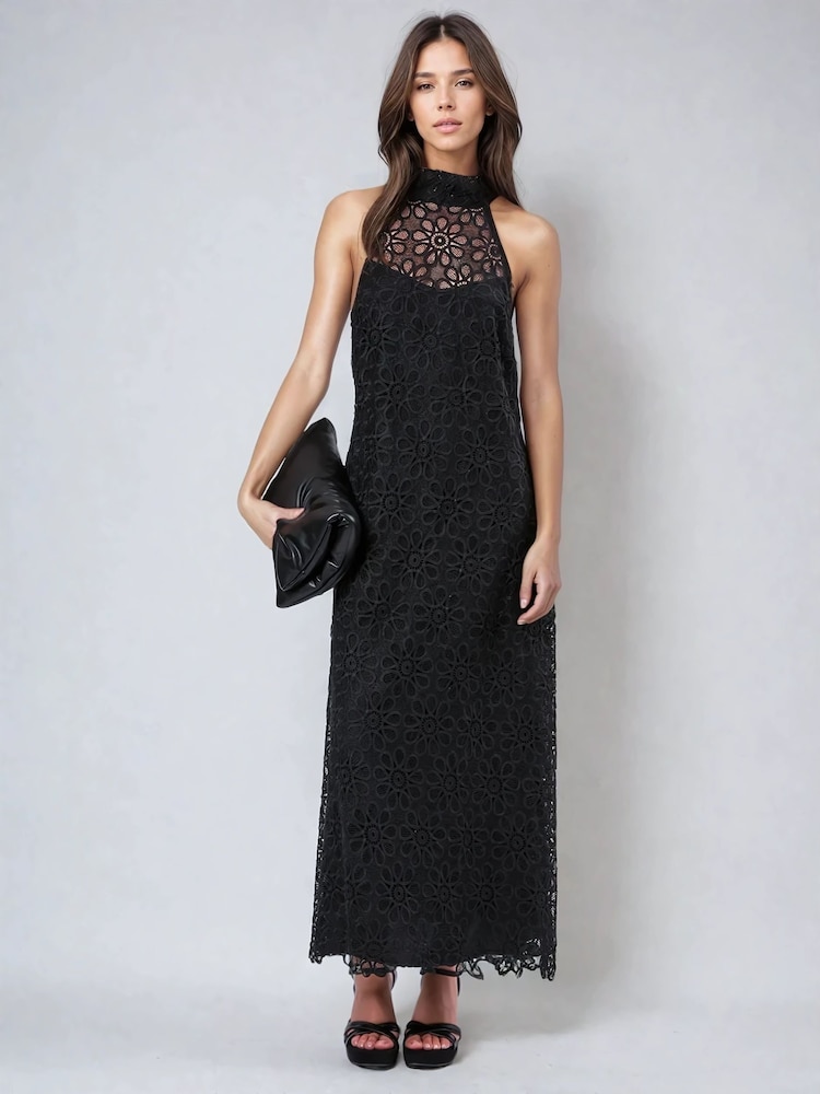 Religion Black Anna High Halter Neck Lace Maxi Dress with Tie Sash - Image 4 of 6