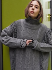 Religion Grey Oversized Jamie Roll Neck Jumper With Cables and Tassles - Image 2 of 9