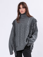 Religion Grey Oversized Jamie Roll Neck Jumper With Cables and Tassles - Image 4 of 9