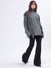Religion Grey Oversized Jamie Roll Neck Jumper With Cables and Tassles - Image 5 of 9