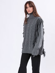 Religion Grey Oversized Jamie Roll Neck Jumper With Cables and Tassles - Image 6 of 9