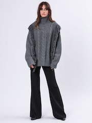 Religion Grey Oversized Jamie Roll Neck Jumper With Cables and Tassles - Image 8 of 9