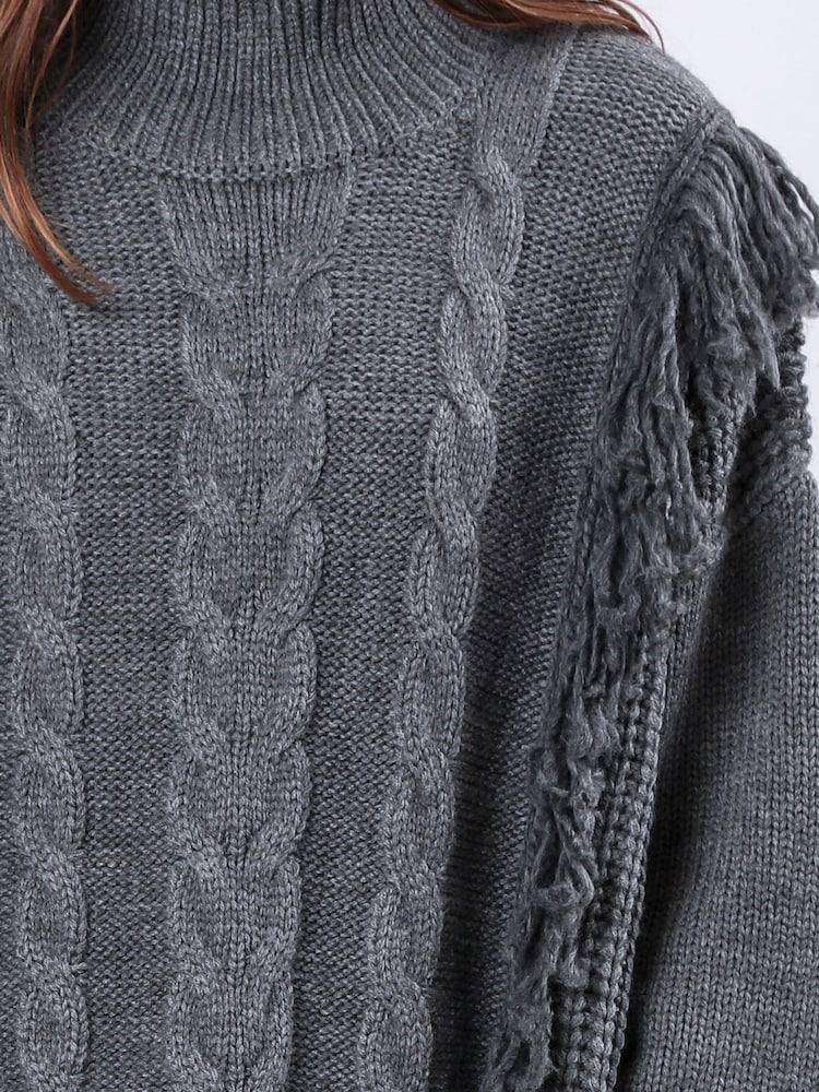 Religion Grey Oversized Jamie Roll Neck Jumper With Cables and Tassles - Image 9 of 9