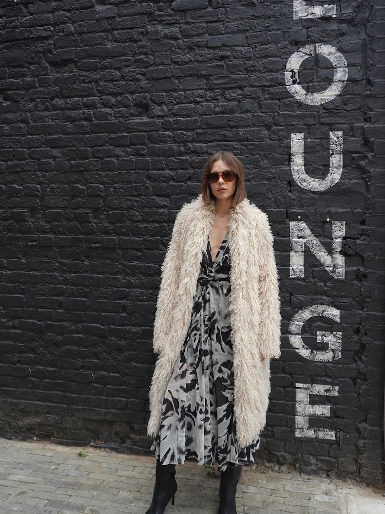 Religion Cream Long Haired Maxi Serenity Coat in Shaggy Soft Faux Fur - Image 1 of 10