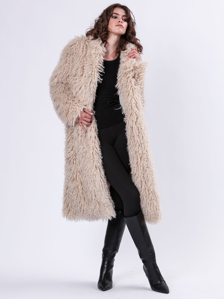 Religion Cream Long Haired Maxi Serenity Coat in Shaggy Soft Faux Fur - Image 5 of 10