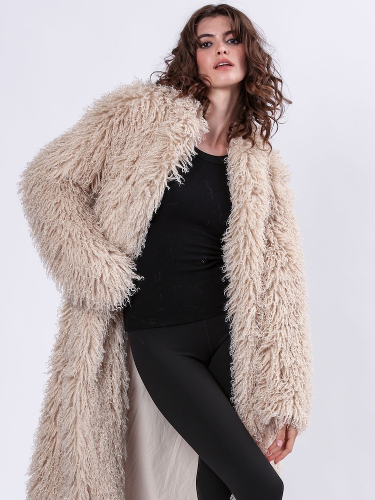 Religion Cream Long Haired Maxi Serenity Coat in Shaggy Soft Faux Fur - Image 6 of 10
