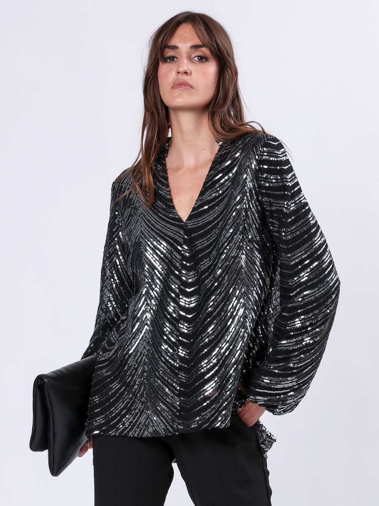 Religion Metallic Division Sequin Tunic Top With Bell Sleeves - Image 2 of 6