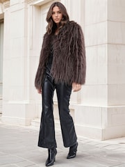 Religion Brown Long Haired Short Relax Fur Coat in Shaggy Soft Faux Fur - Image 1 of 7