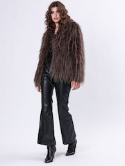 Religion Brown Long Haired Short Relax Fur Coat in Shaggy Soft Faux Fur - Image 2 of 7