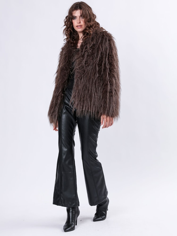Religion Brown Long Haired Short Relax Fur Coat in Shaggy Soft Faux Fur - Image 2 of 7
