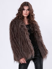Religion Brown Long Haired Short Relax Fur Coat in Shaggy Soft Faux Fur - Image 3 of 7
