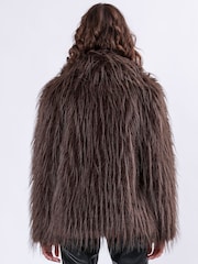 Religion Brown Long Haired Short Relax Fur Coat in Shaggy Soft Faux Fur - Image 4 of 7