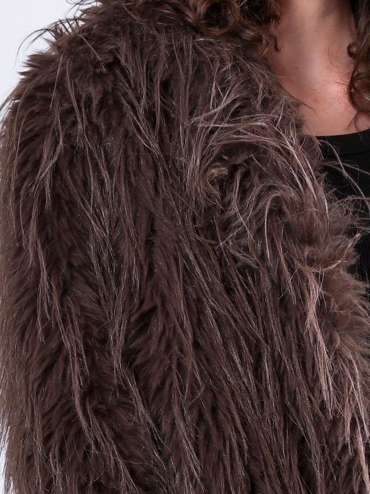 Religion Brown Long Haired Short Relax Fur Coat in Shaggy Soft Faux Fur - Image 7 of 7