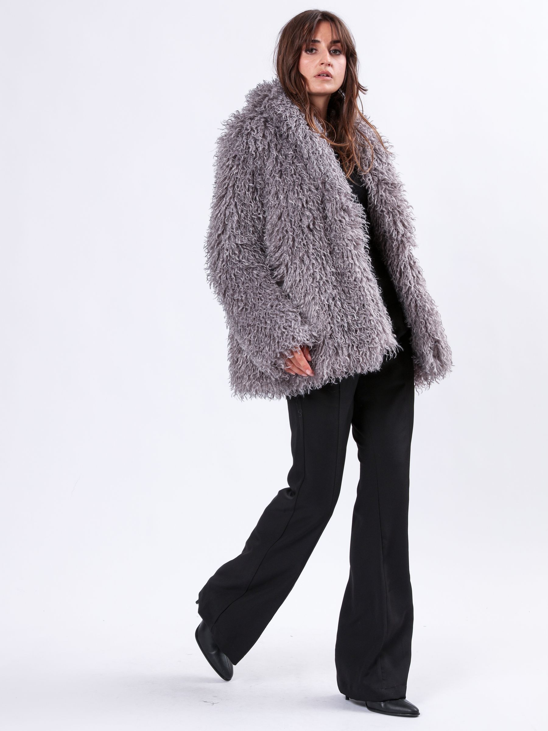 Religion Grey Long Haired Short Relax Fur Coat in Shaggy Soft Faux Fur