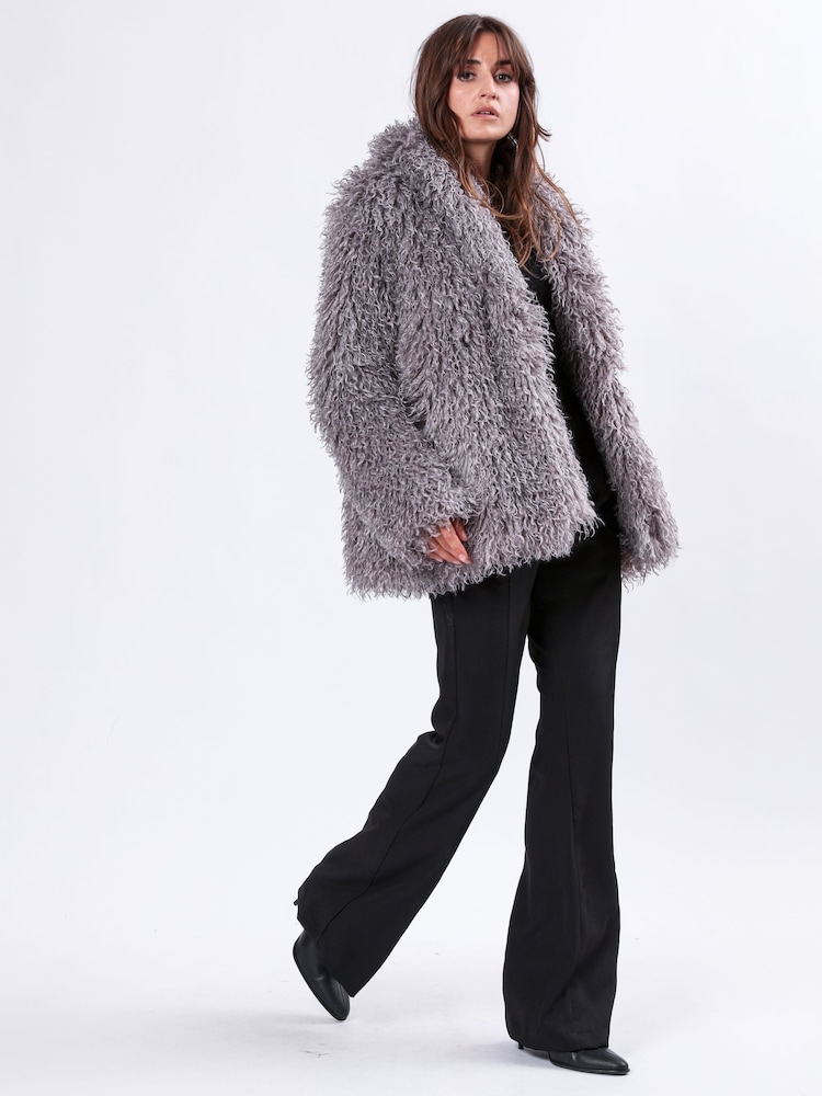Religion Grey Long Haired Short Relax Fur Coat in Shaggy Soft Faux Fur - Image 1 of 6