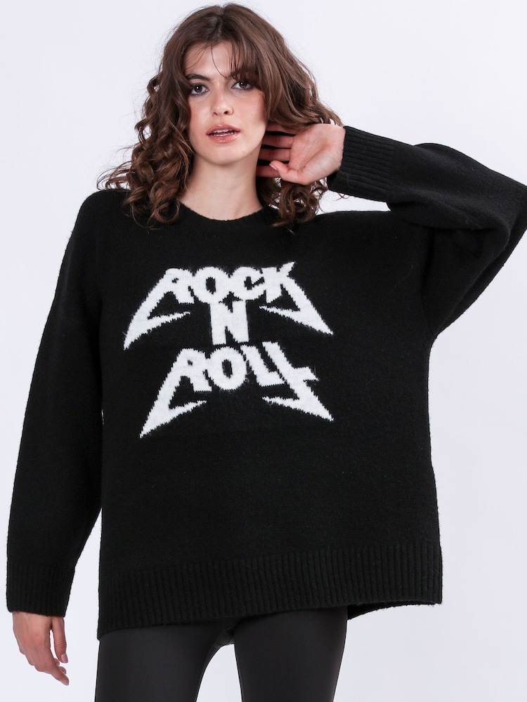 Religion Black Oversized Rock N Roll Lightning Bolt Jumper in Soft Yarn - Image 2 of 6