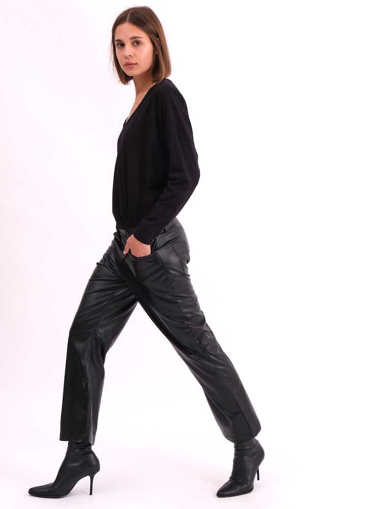 Religion Black Nebula Faux Leather Boot Cut Trousers In Matt Finish - Image 3 of 6
