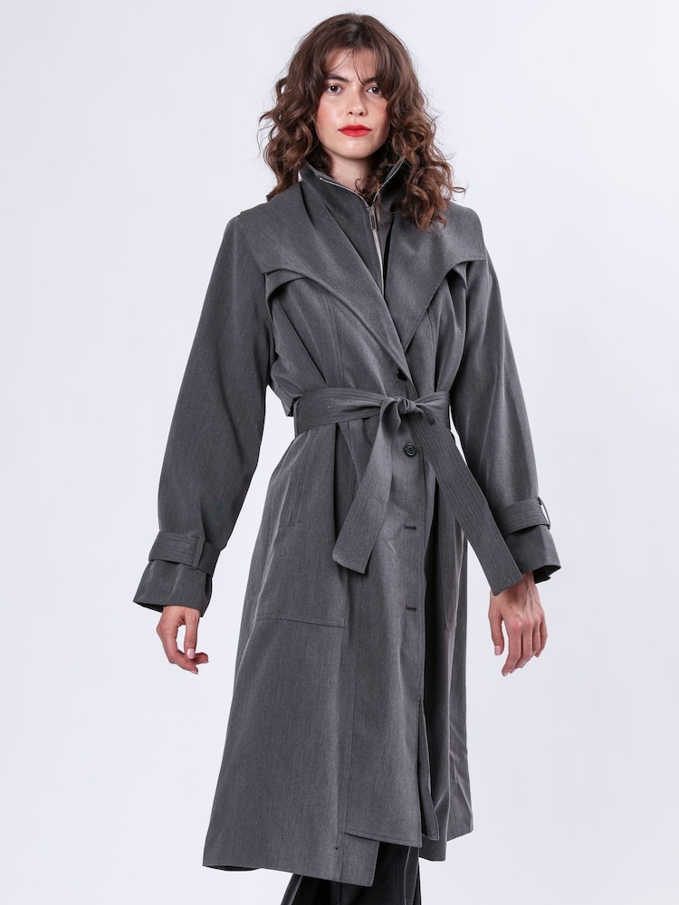 Religion Grey Spirit Maxi Trench Coat With Draped Double Layer And Belt - Image 2 of 7