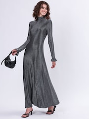 Religion Long Sleeved Tanzanite Maxi Dress In Slinky Metallic Thread With Frill Cuffs - Изображение 5 из 8