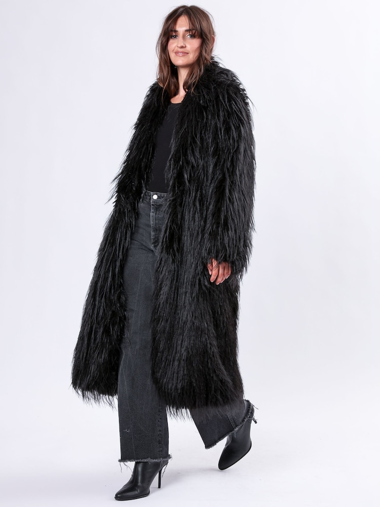 Religion Black Long Haired Maxi Serenity Coat in Shaggy Soft Faux Fur - Image 1 of 6
