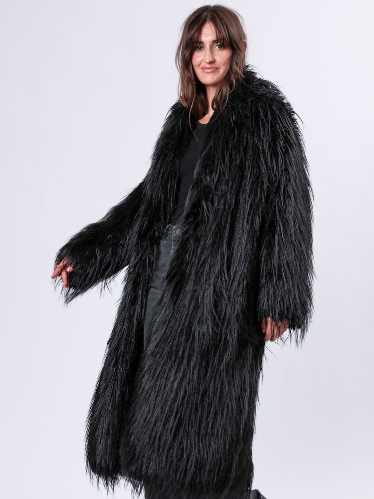 Religion Black Long Haired Maxi Serenity Coat in Shaggy Soft Faux Fur - Image 2 of 6