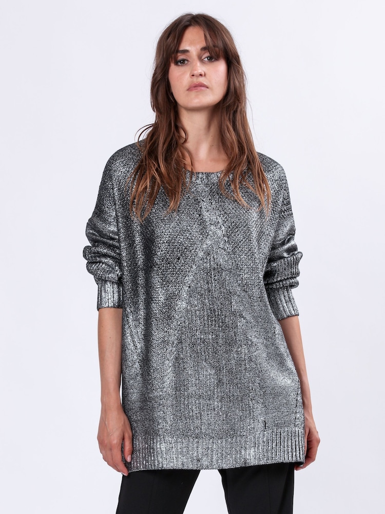 Religion Metallic Oversized Frame Jumper in Soft Cable Knit With Silver Foil - Image 2 of 6