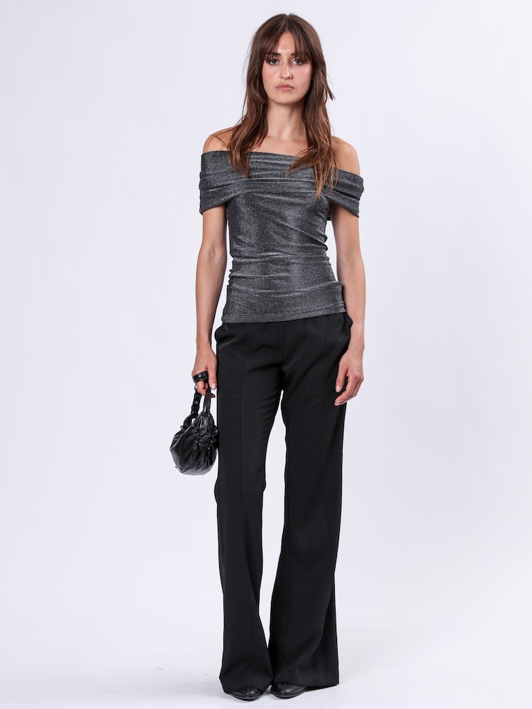Religion Metallic Off the Shoulder Tanzanite Top in Slinky Metallic Fibre - Image 1 of 6 Religion Metallic Off the Shoulder Tanzanite Top in Slinky Metallic Fibre - Image 1 of 6