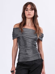 Religion Metallic Off the Shoulder Tanzanite Top in Slinky Metallic Fibre - Image 2 of 6