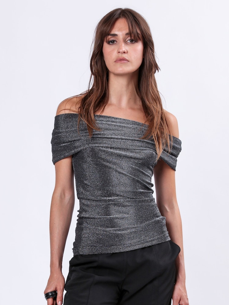 Religion Metallic Off the Shoulder Tanzanite Top in Slinky Metallic Fibre - Image 2 of 6