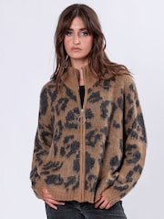 Religion Natural Natural Oversized Zip Up Maximum Cardigan in Leopard Print Jaquard Knit - Image 1 of 6