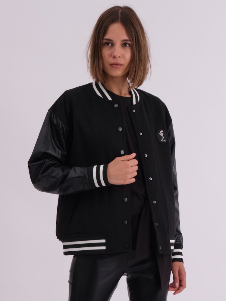 Religion Black Oversized Energy Varsity Jacket with Faux leather sleeves - Image 1 of 7