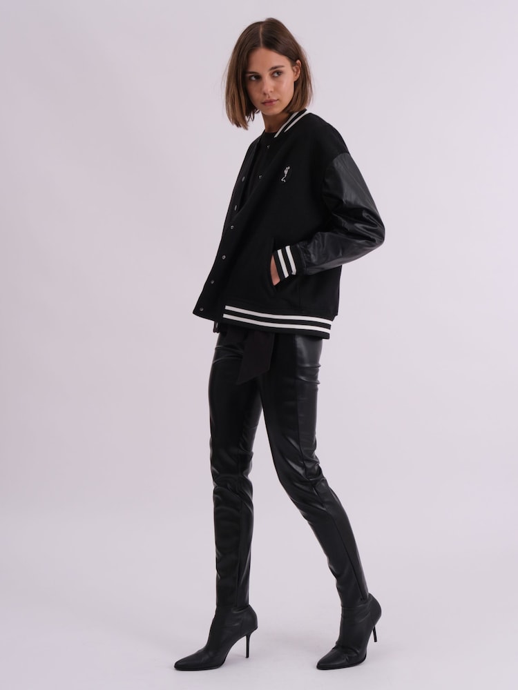 Religion Black Oversized Energy Varsity Jacket with Faux leather sleeves - Image 2 of 7