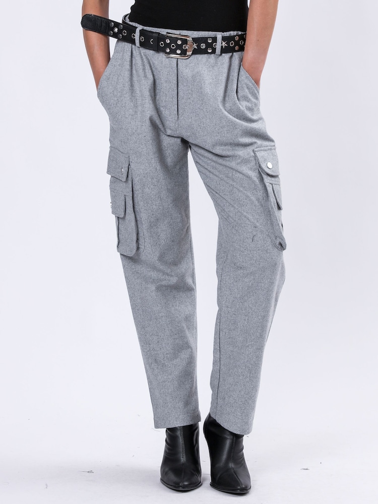 Religion Grey Innocent Wool Flannel Utility Style Cargo Trousers With Patch Pockets - Image 1 of 6