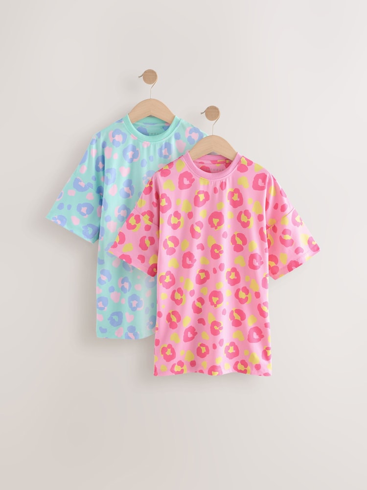 Aqua/Pink Leopard Print Nighties 2 Pack (3-16yrs) - Image 5 of 10