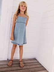 Blue 100% Cotton Strappy Denim Dress (3-16yrs) - Image 3 of 6